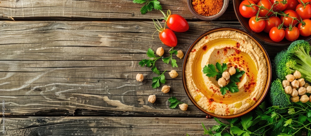 Aufkleber top view of delicious homemade hummus with chickpeas and assorted vegetables displayed on a wooden s