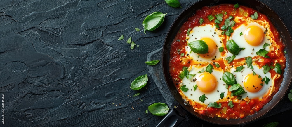 Aufkleber Top view of a sizzling Shakshuka in a frying pan set against a dark background with ample copy space image
