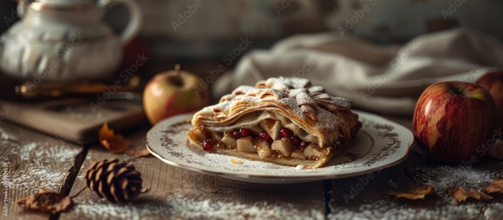 Poster apple strudel with autumn flavors arranged on a plate on a kitchen table offering a seasonal vibe ag