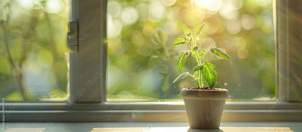 Aufkleber tomato seedling sprouting in a pot on a windowsill with copy space image