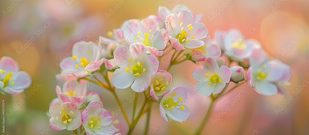 Poster front view of blooming small pinkish white flowers with yellow stamens in macro shot against a blurr