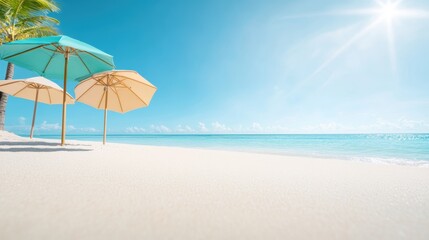 Fototapeta premium A tranquil coastal scene with a sandy beach, palm trees, and colorful beach umbrellas.