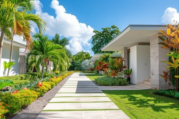 Fototapeta premium Front Yard with White Walls, Green Grass, Concrete Walkway, and Tropical Plants; Vibrant Back Garden with Trees and Flowers at Caribbean Island Resort