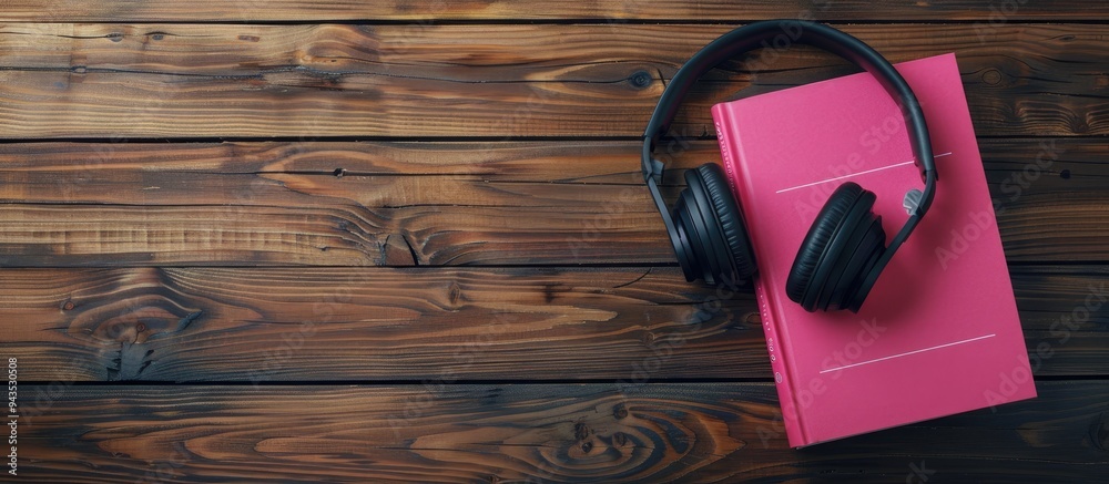 Poster a concept of listening to an audio book shown with black headphones and a pink book on a wooden desk