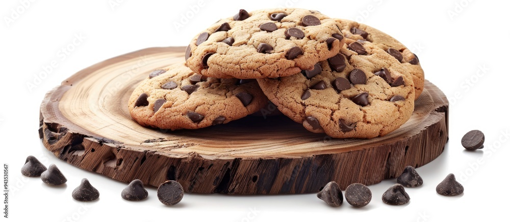 Leinwandbilder sweet cookies with chocolate chips displayed on a wooden board set against a white background creati