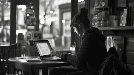 Young woman working on a laptop in a cozy coffee shop