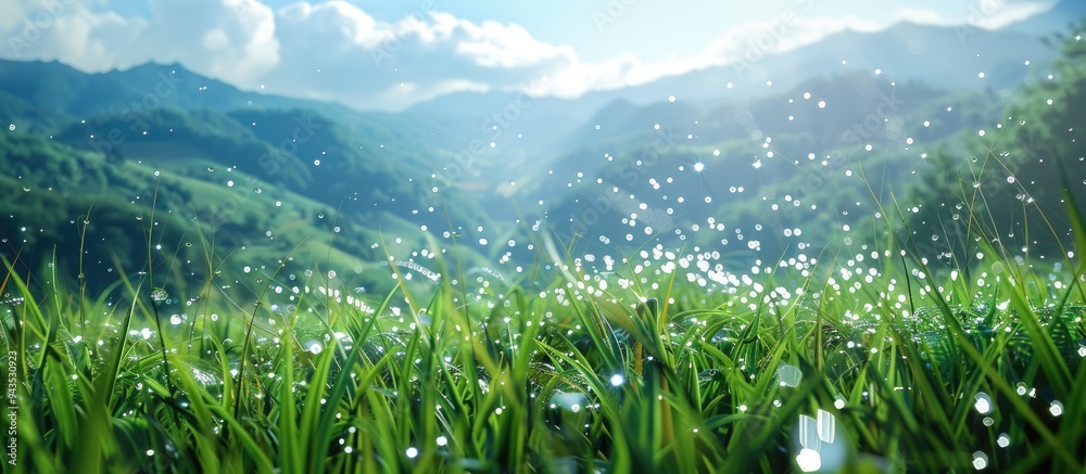Poster mountain landscape with green grass background sparkling water droplets and a blue sky creating a se