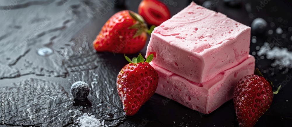 Canvas Prints High quality close up image of pink dessert marshmallow with strawberries on a black background featuring ample copy space