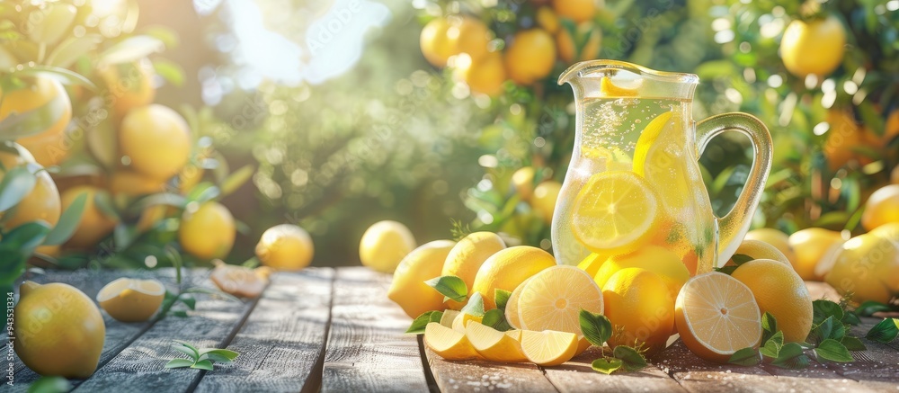Poster wooden table outdoors serving freshly made lemonade in a jug surrounded by citrus fruits creating a 