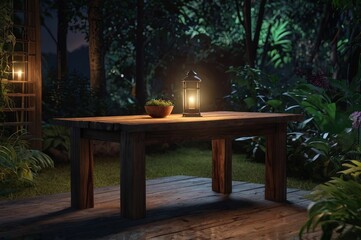 Wooden Table on garden or forest environment at night for product placement 3d render