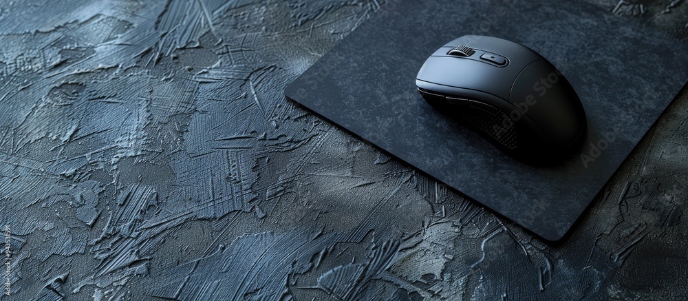 Poster top view of a wireless mouse with a mousepad on a textured black table providing ample copy space im