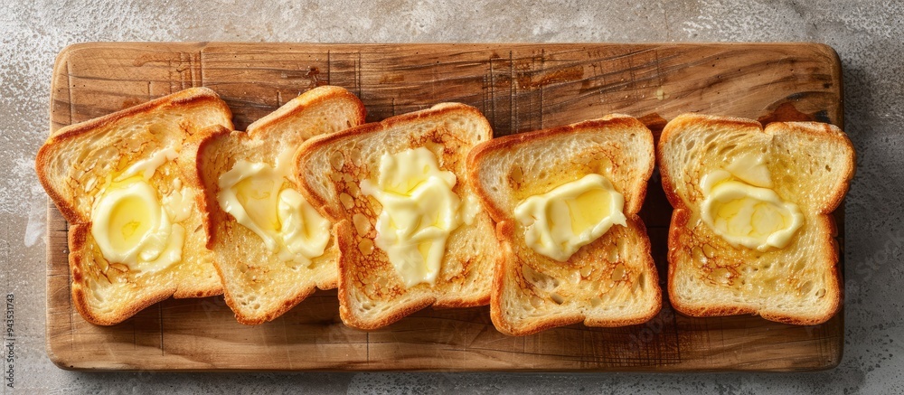Aufkleber Top down view of buttered toast slices on a wooden surface against a gray backdrop ample copy space image available