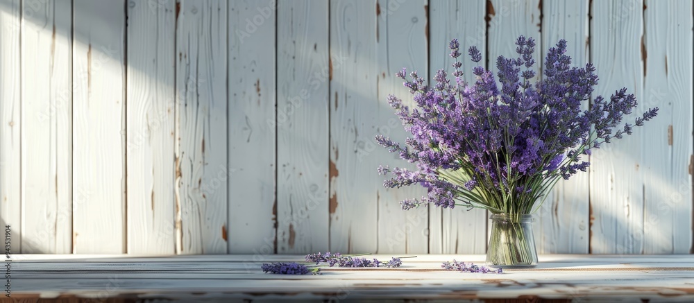 Poster lavender flowers in a bouquet against a white old wooden backdrop with dry sprigs on a table in a wo