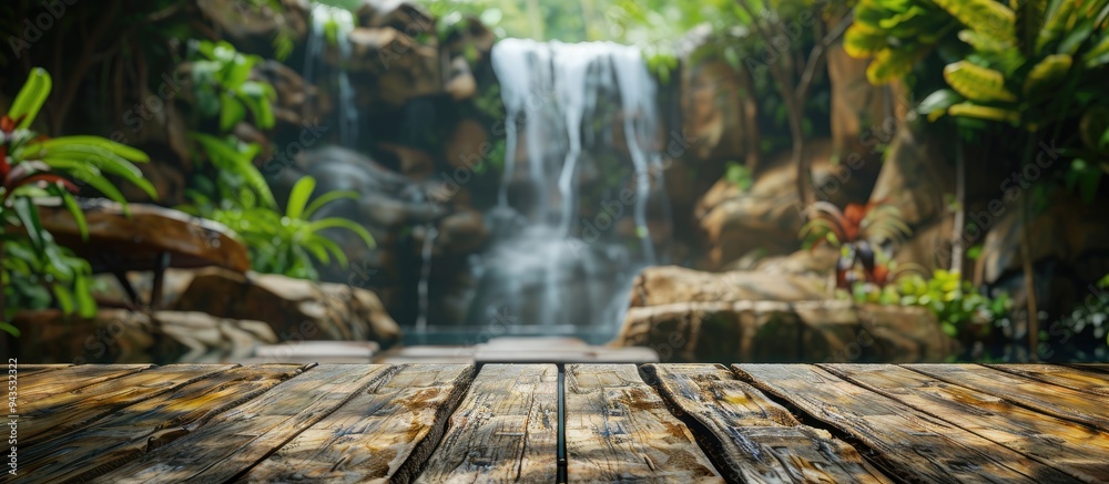Poster wooden table with a blurred tropical waterfall backdrop in summer creating a perfect copy space imag