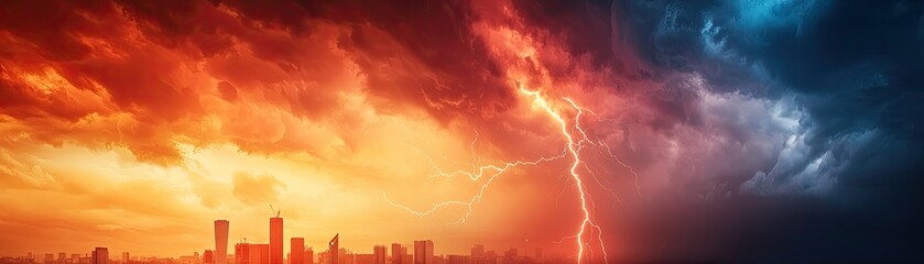 Naklejka premium Dramatic lightning striking over a city skyline during a vibrant sunset, showcasing nature's power and beauty in urban landscape.