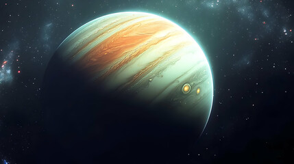 Naklejka premium A close-up view of a gas giant planet in space, with swirling clouds and a bright glow.