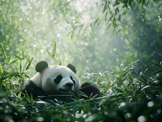 Fototapeta premium panda nibbling on bamboo in a lush, protected bamboo forest