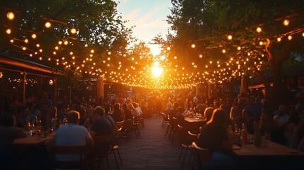 A lively outdoor dining scene with people illuminated by warm lights at sunset, creating a cozy atmosphere. 
