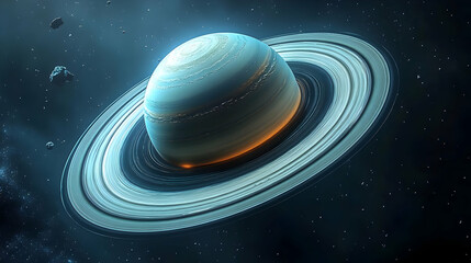 A close-up view of a large gas planet with prominent rings, surrounded by a field of stars.