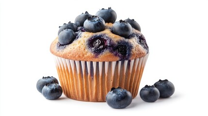 A closeup of a muffin with blueberries, dessert element, hyperrealistic style, detailed texture, isolated on white background
