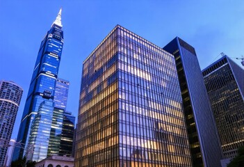 Obraz premium Office building glass and city skyline, ai