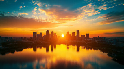 Fototapeta premium A city skyline is reflected in the water as the sun sets