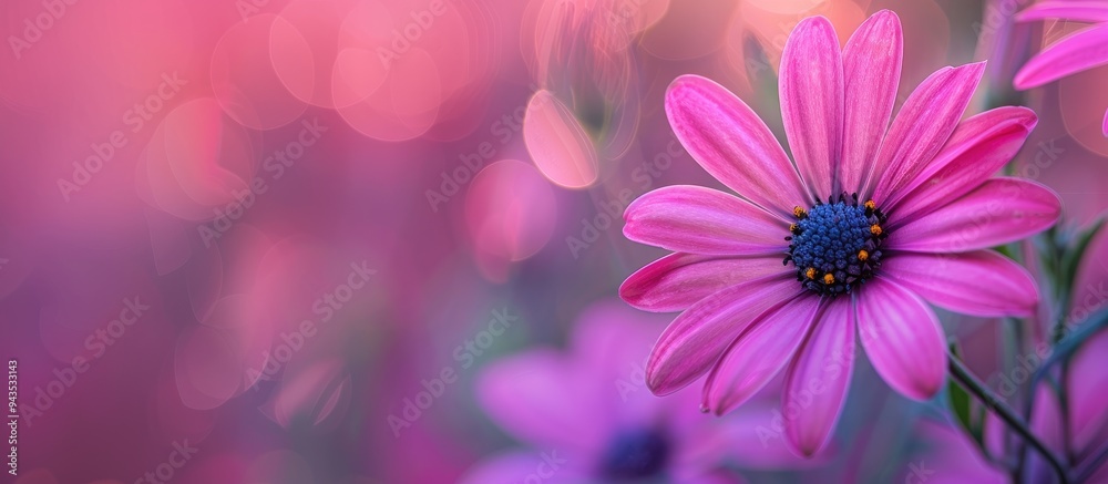 Aufkleber focus on a pink flower up close with a blurred background offering ample space for a copy space imag