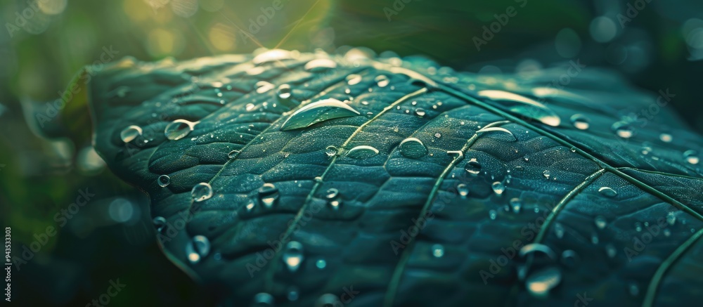 Aufkleber A stunning macro image capturing water droplets on a leaf post rainfall with extra space for text or other elements. Creative banner. Copyspace image