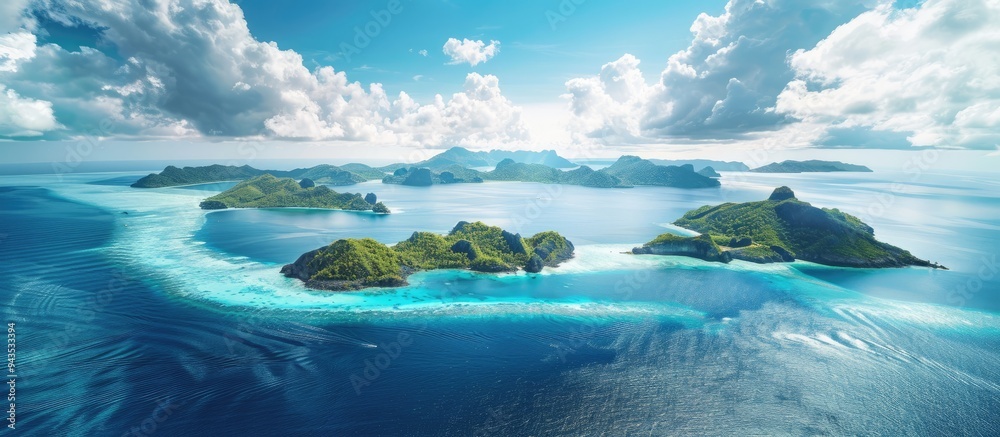 Aufkleber summer islands and a blue ocean stretch out in an aerial view creating a serene seascape with ample 