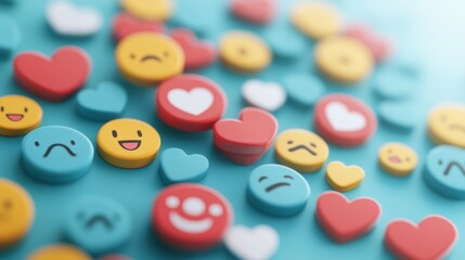 A colourful illustration of various social media reaction icons, such as hearts, thumbs up, and laughing faces.