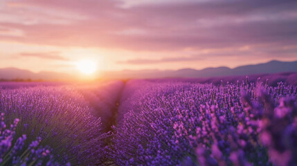 Naklejka premium Scenic view of a lavender field at sunset