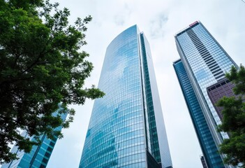 Fototapeta premium Office building glass and city skyline, ai