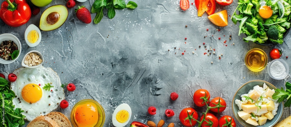 Aufkleber flat lay composition of a breakfast spread including fruits salad egg bread vegetables cheese and be
