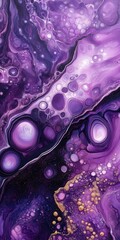 Vibrant fluid art with swirling purples and gold accents on canvas