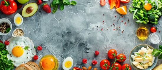 Flat lay composition of a breakfast spread including fruits salad egg bread vegetables cheese and...