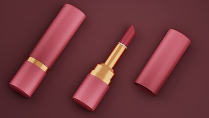 Red lipstick on brown background. 3d rendering. Mock up
