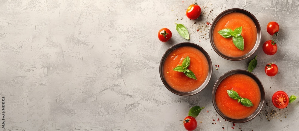 Poster top view of summer tomato gazpacho soup served in bowls on a light stone background with copy space 