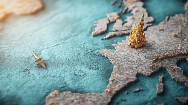 Antique Map of Europe with Vintage Colors, An aged map of Europe with faded colors and a weathered texture, highlighting historical cities and landmarks.