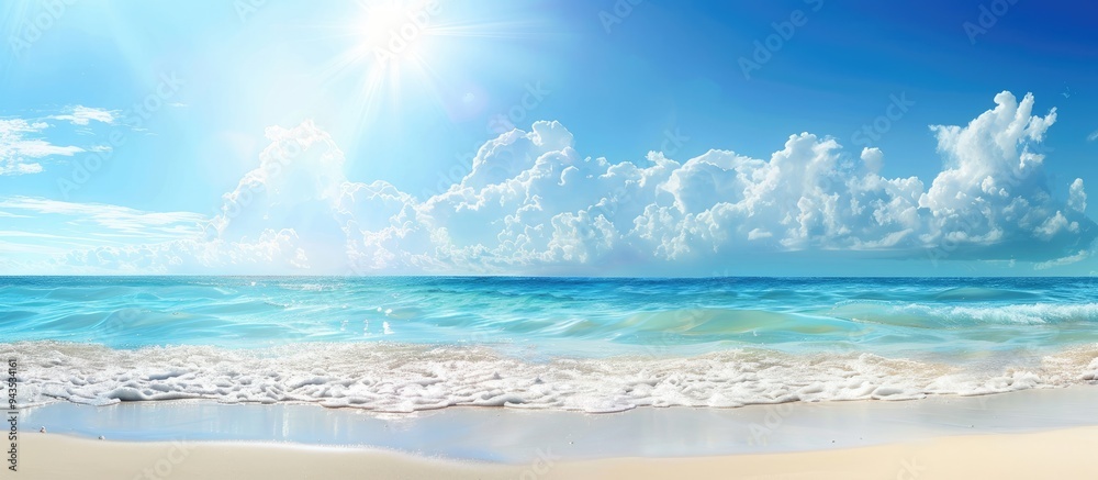Poster panoramic beach view with a sandy beach and sunny skies the tropical beach is empty offering a seasc