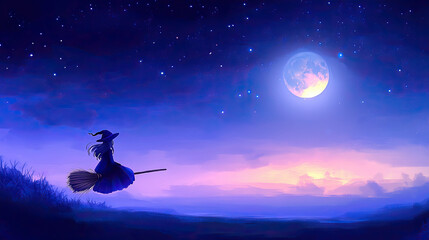 Fototapeta premium Silhouette witch flying towards the moon, night time landscape painting or drawing for Halloween, children's stories or poster