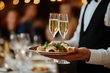 Welcoming guests with sparkling wine  a waiter s thoughtful gesture at an event celebration