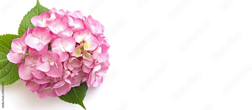 Poster A pink Hydrangea flower displayed from above on a white background providing a clear area for your text in the picture. Creative banner. Copyspace image
