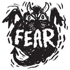 Vector illustration of a demon on a black background with the text fear.
