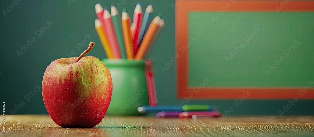 Poster a delicious apple and various school supplies displayed on a green background with copy space image