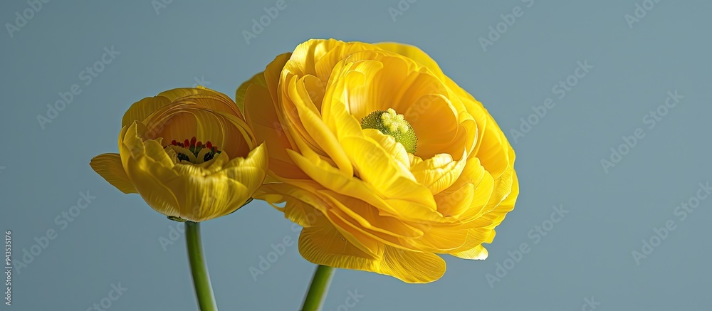 Poster Close up of a caustic Buttercup Ranunculus acris with yellow spring blooms against a plain background for copy space image