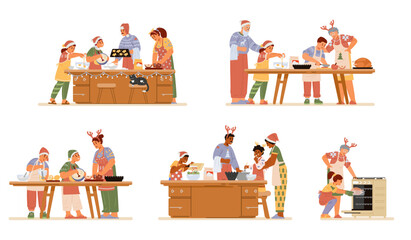 Different families in Christmas outfits preparing food for Christmas dinner vector illustrations set. Baking pies, cookies, turkey, making salad.