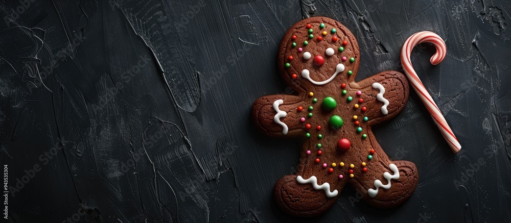 Poster a chocolate coated gingerbread man cookie with a cane and colorful icing on a dark background viewed