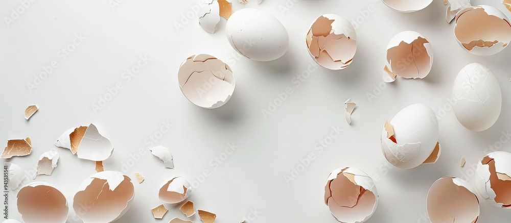 Poster cracked eggshells on a white backdrop with copy space image