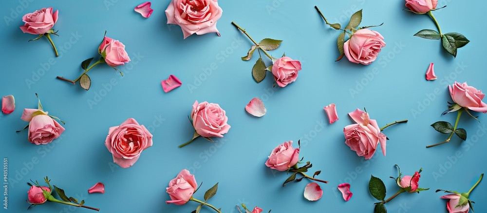 Poster Image showcasing pink roses scattered on a blue backdrop creating a design with available space for text or other elements. Creative banner. Copyspace image