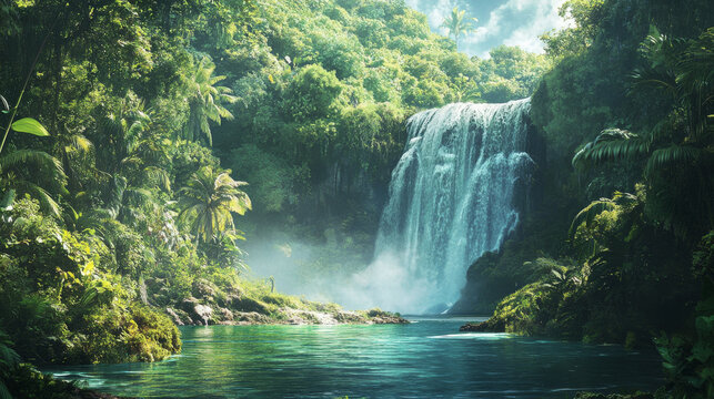 Scenic view of a waterfall in a tropical rainforest